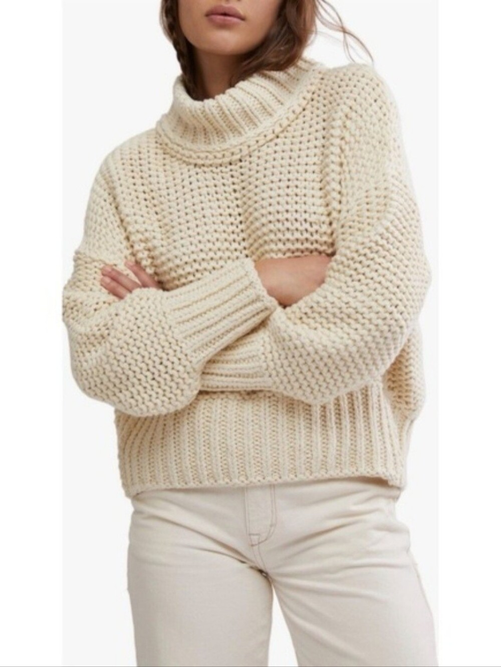 Free People My Only Sunshine Cable Cowl Turtleneck Sweater in Cream Sz S
